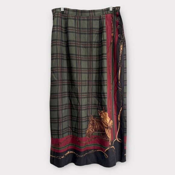Vintage Maxi Skirt Equestrian Motif on Tartan Plaid Wrap-Style 1990s Sz 12 - Picture 1 of 6